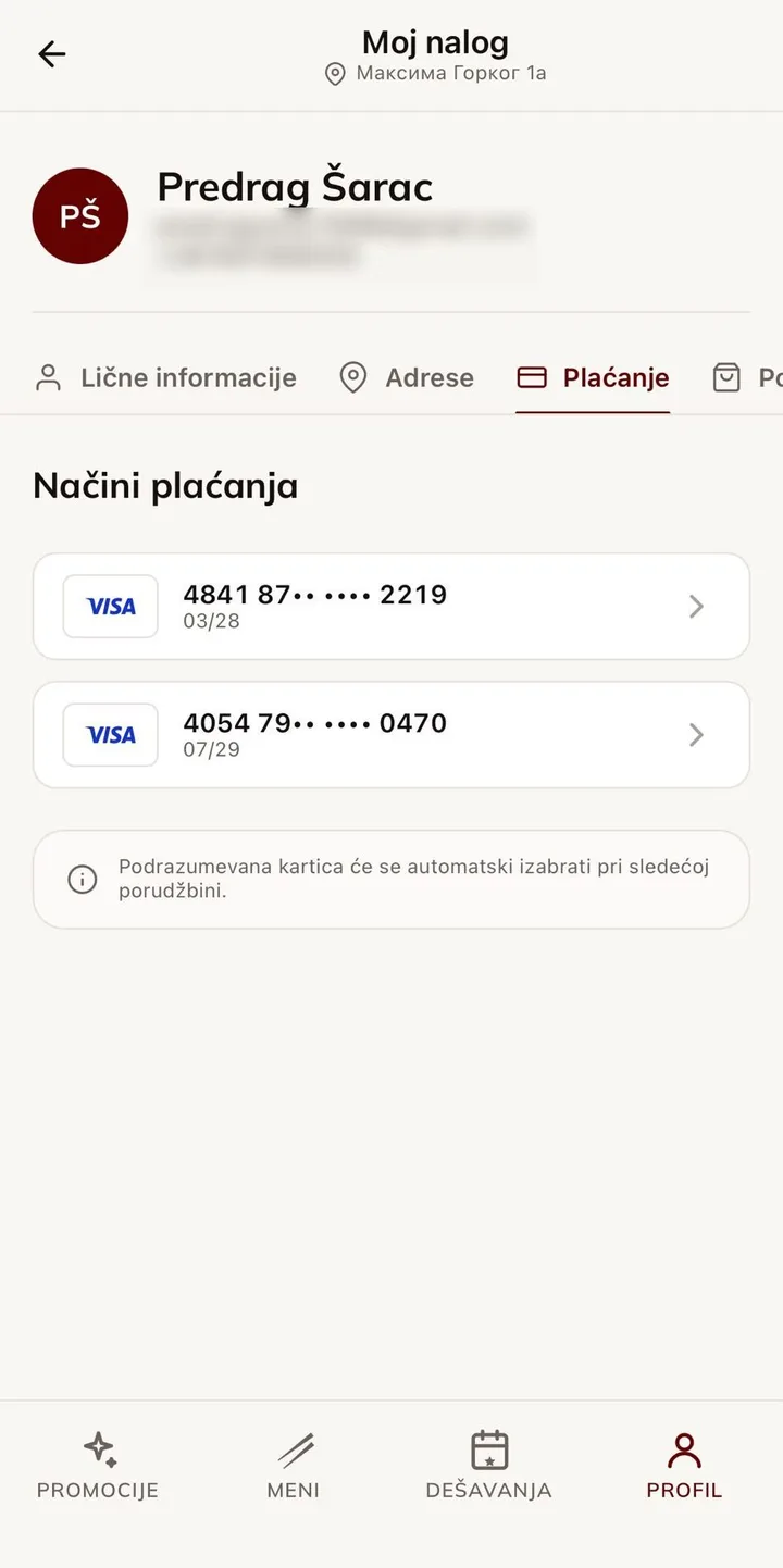 Sačuvane kartice u profilu gosta