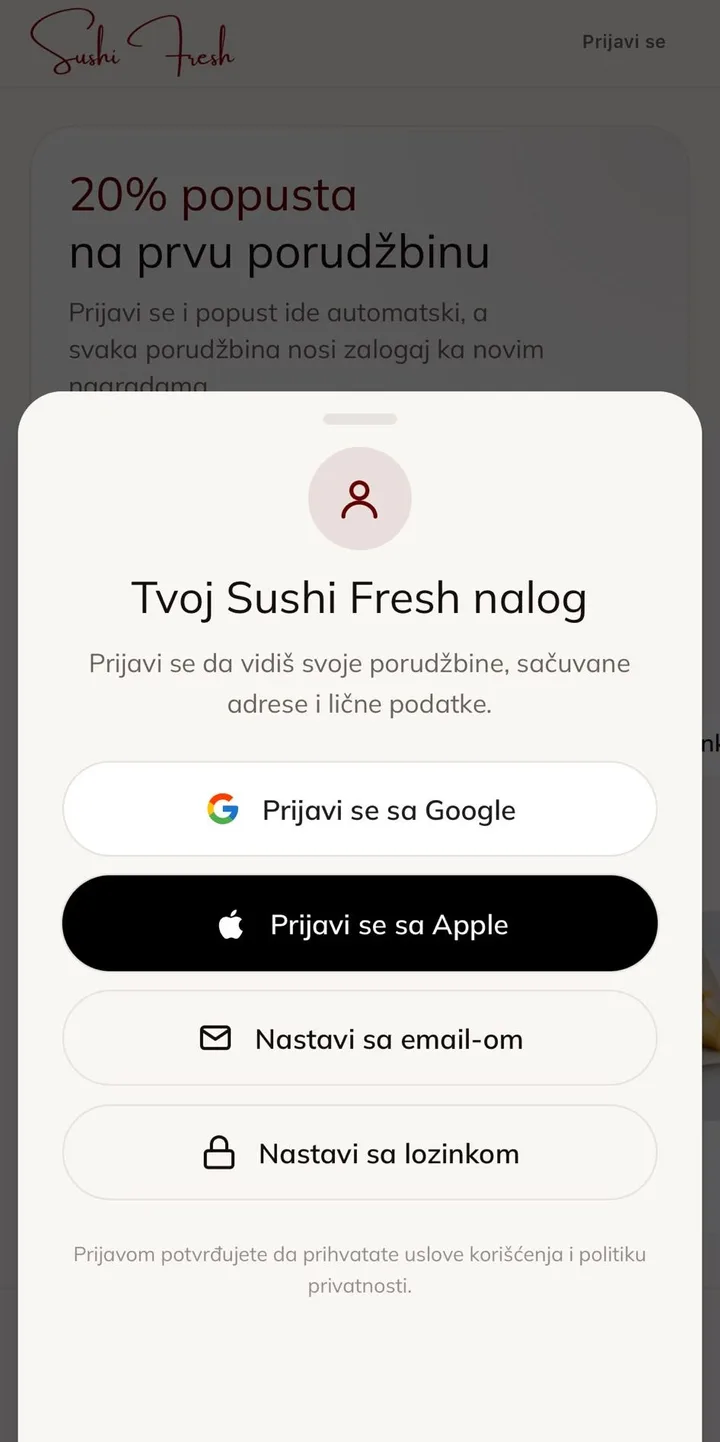 Prijava na Sushi Fresh nalog preko Google ili Apple naloga