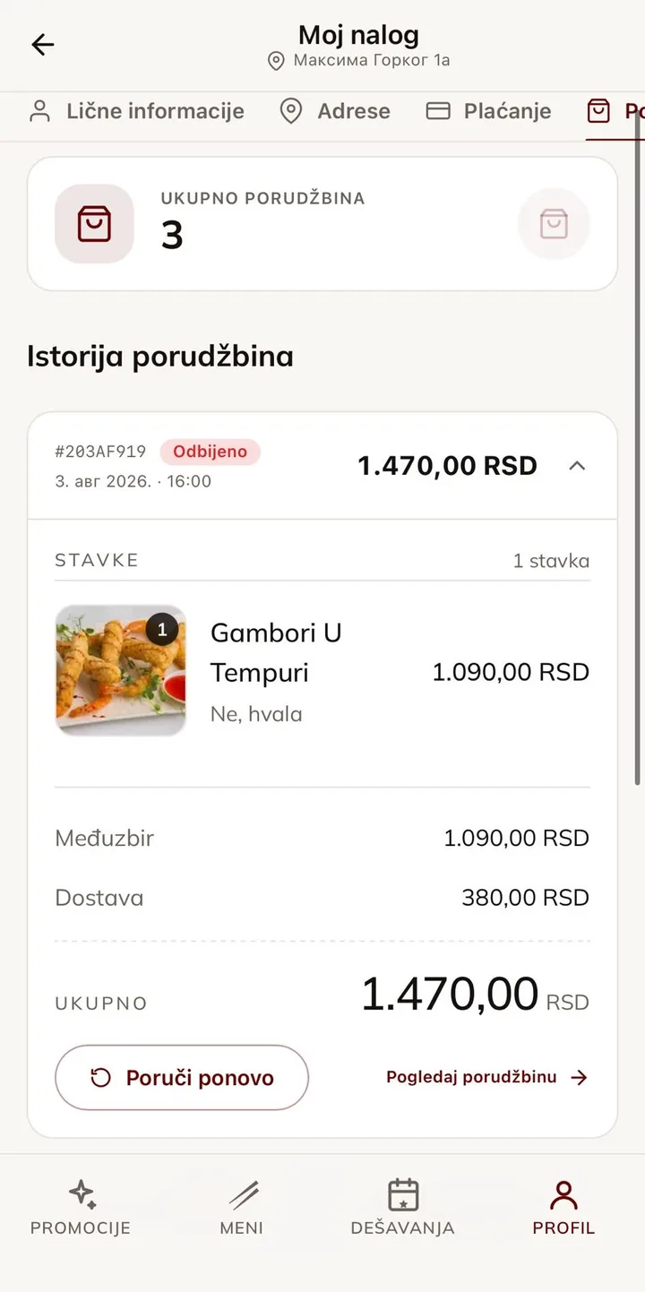 Istorija porudžbina sa ponovnim poručivanjem