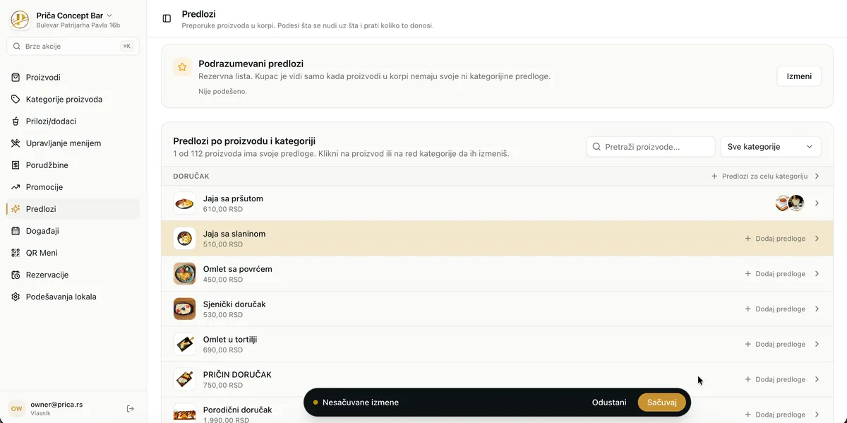 Predlozi proizvoda u dashboardu