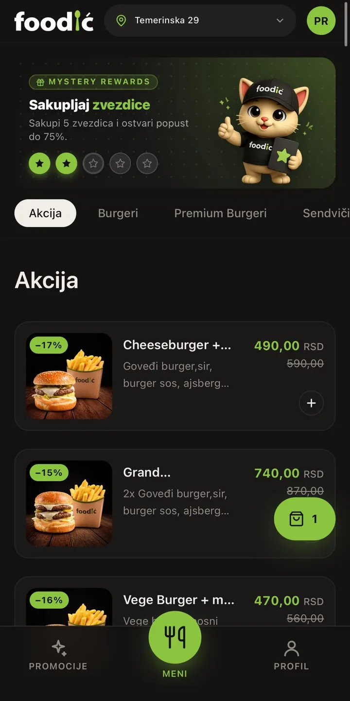 Izbor proizvoda sa akcije u Foodić aplikaciji