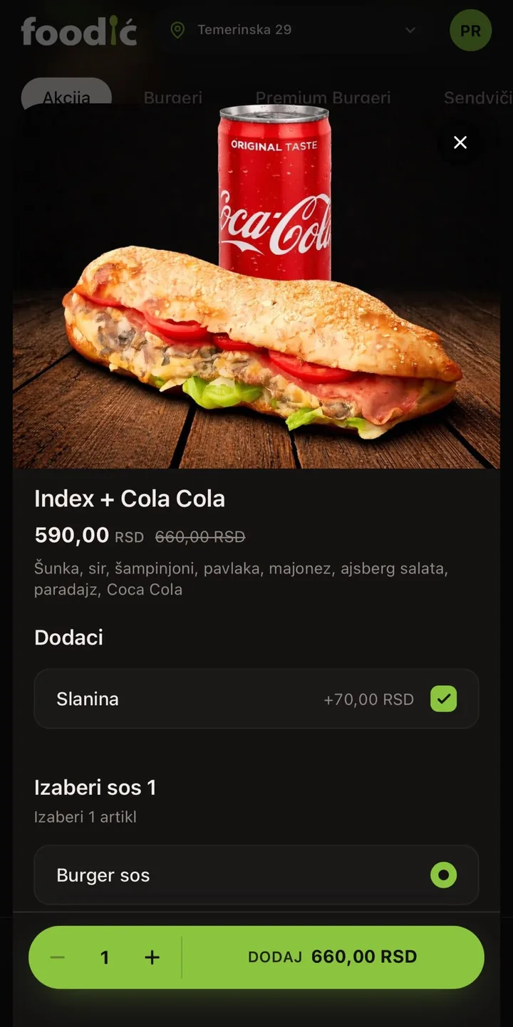 Dodavanje jela u korpu sa dodacima i sosom