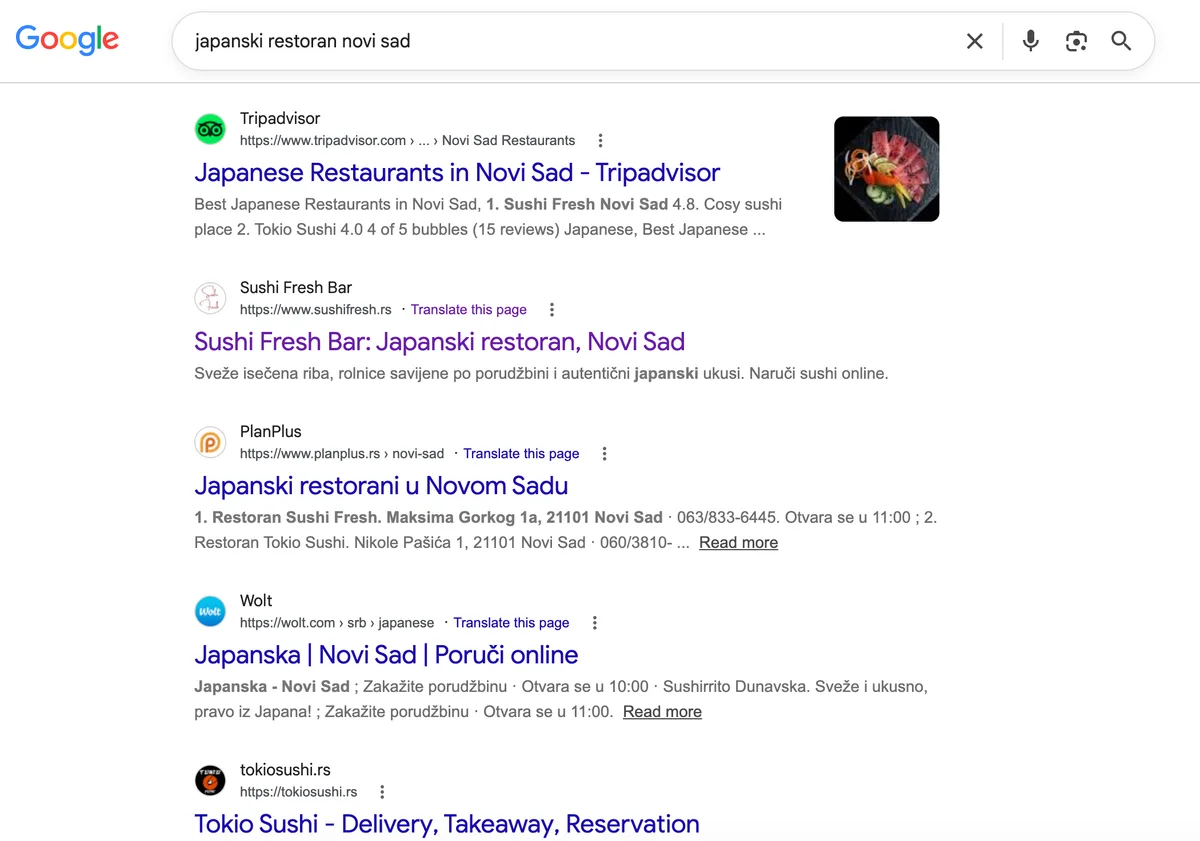 Google pretraga: japanski restoran novi sad, Sushi Fresh prvi organski rezultat