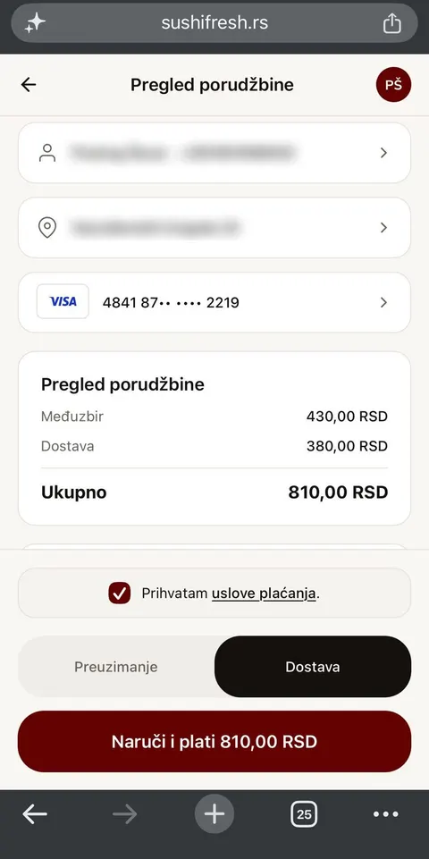 Sushi Fresh naplata porudžbine